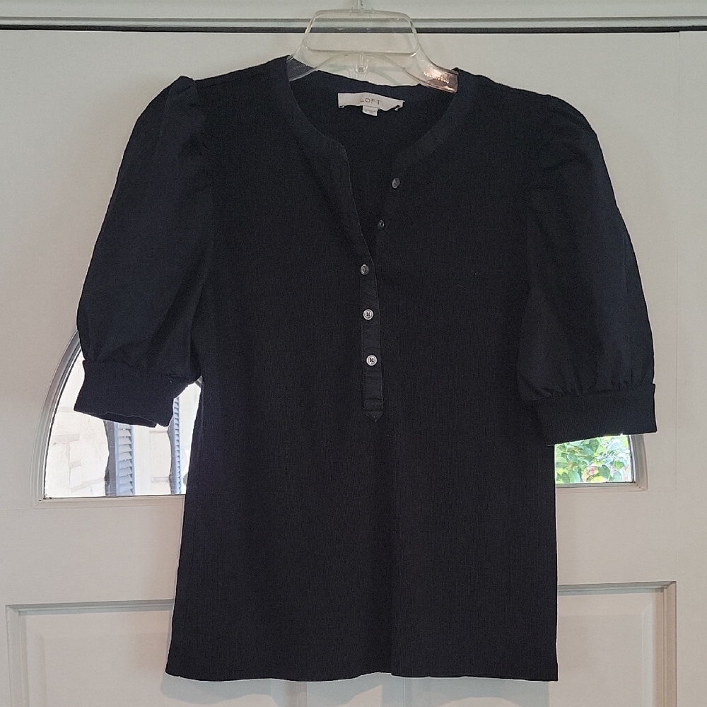 LOFT Black Puff Sleeve Henley Tee